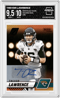 Trevor Lawrence from the 2023 Panini Zenith set featuring a Red Zone parallel graded by Arena Club and given an overall grade of 9.5.