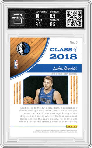 Luka Doncic from the 2018-19 Panini NBA Hoops  set graded by Arena Club and given an overall grade of 9.