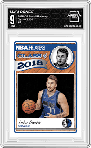 Luka Doncic from the 2018-19 Panini NBA Hoops  set graded by Arena Club and given an overall grade of 9.