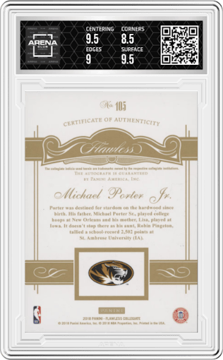 Michael Porter Jr. from the 2018-19 Panini Flawless Collegiate  set graded by Arena Club and given an overall grade of 9.