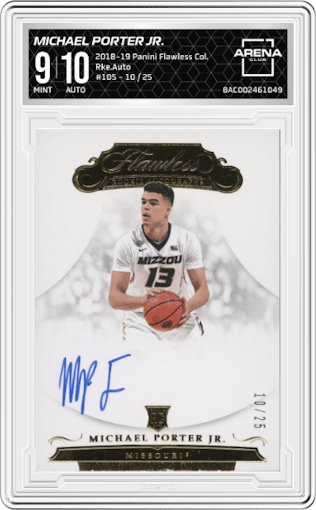 Michael Porter Jr. from the 2018-19 Panini Flawless Collegiate  set graded by Arena Club and given an overall grade of 9.