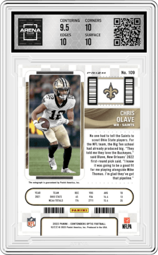 Chris Olave from the 2022 Panini Contenders Optic set featuring a Silver parallel graded by Arena Club and given an overall grade of 10.