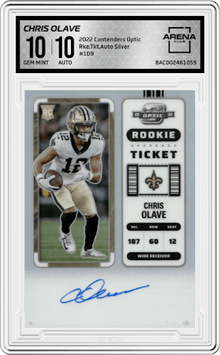 Chris Olave from the 2022 Panini Contenders Optic set featuring a Silver parallel graded by Arena Club and given an overall grade of 10.