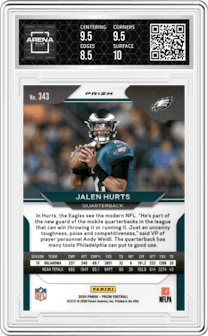 Jalen Hurts from the 2020 Panini Prizm set featuring a No Huddle parallel graded by Arena Club and given an overall grade of 9.