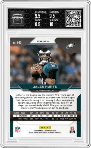 Jalen Hurts from the 2020 Panini Prizm set featuring a No Huddle parallel graded by Arena Club and given an overall grade of 9.