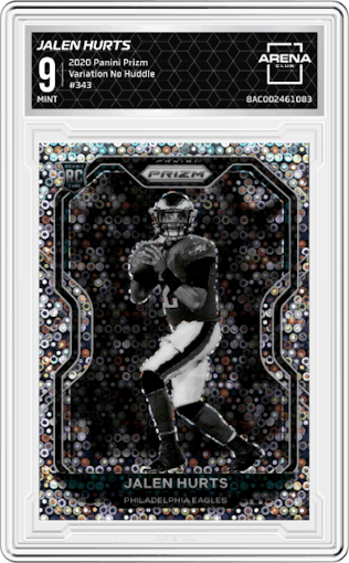 Jalen Hurts from the 2020 Panini Prizm set featuring a No Huddle parallel graded by Arena Club and given an overall grade of 9.