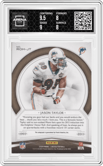 Jason Taylor from the 2020 Panini Limited set graded by Arena Club and given an overall grade of 8.5.
