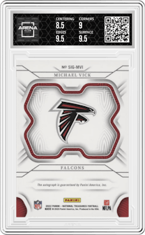 Michael Vick  from the 2022 Panini National Treasures set graded by Arena Club and given an overall grade of 9.