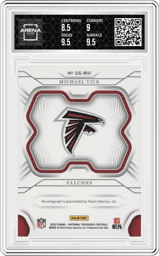 Michael Vick  from the 2022 Panini National Treasures set graded by Arena Club and given an overall grade of 9.