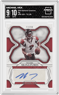 Michael Vick  from the 2022 Panini National Treasures set graded by Arena Club and given an overall grade of 9.