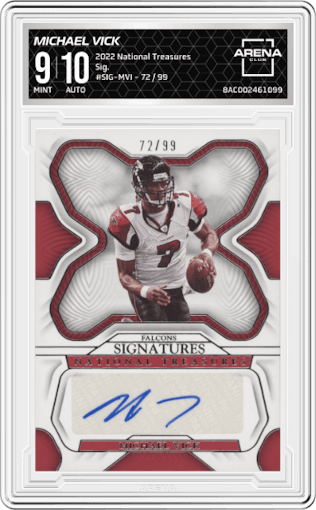 Michael Vick  from the 2022 Panini National Treasures set graded by Arena Club and given an overall grade of 9.