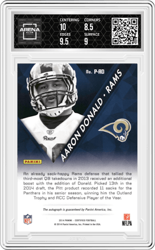 Aaron Donald from the 2014 Panini Certified set graded by Arena Club and given an overall grade of 9.