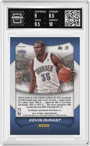 Kevin Durant from the 2014-15 Panini Prizm set featuring a Blue Pulsar parallel graded by Arena Club and given an overall grade of 9.