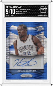 Kevin Durant from the 2014-15 Panini Prizm set featuring a Blue Pulsar parallel graded by Arena Club and given an overall grade of 9.