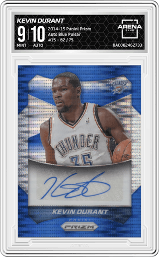 Kevin Durant from the 2014-15 Panini Prizm set featuring a Blue Pulsar parallel graded by Arena Club and given an overall grade of 9.
