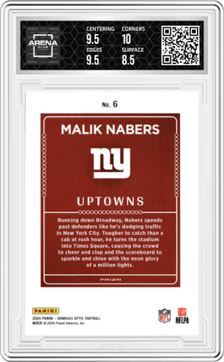 Malik Nabers from the 2024 Donruss Optic set graded by Arena Club and given an overall grade of 9.