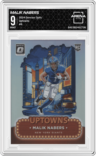 Malik Nabers from the 2024 Donruss Optic set graded by Arena Club and given an overall grade of 9.