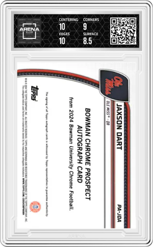 Jaxson Dart from the 2024 Bowman University Chrome set featuring a Green Refractor parallel graded by Arena Club and given an overall grade of 9.