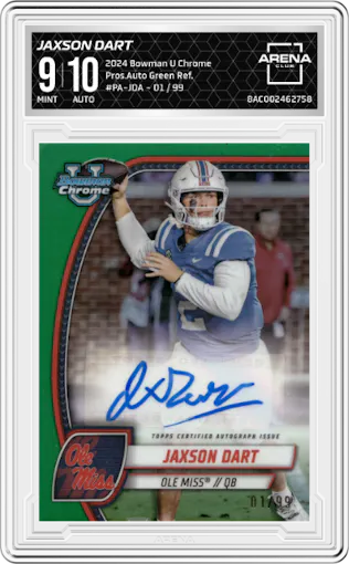 Jaxson Dart from the 2024 Bowman University Chrome set featuring a Green Refractor parallel graded by Arena Club and given an overall grade of 9.