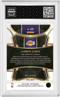 LeBron James from the 2023-24 Panini Select  set featuring a Tiger parallel graded by Arena Club and given an overall grade of 0.