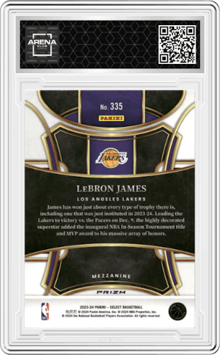 LeBron James from the 2023-24 Panini Select  set featuring a Tiger parallel graded by Arena Club.