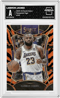 LeBron James from the 2023-24 Panini Select  set featuring a Tiger parallel graded by Arena Club and given an overall grade of 0.