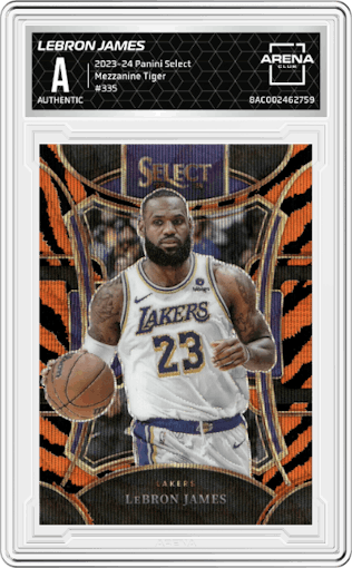 LeBron James from the 2023-24 Panini Select  set featuring a Tiger parallel graded by Arena Club.