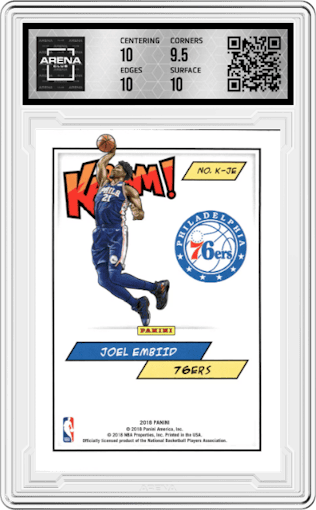Joel Embiid from the 2018 Panini Kaboom Rewards Multi-Sport set graded by Arena Club and given an overall grade of 10.