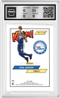 Joel Embiid from the 2018 Panini Kaboom Rewards Multi-Sport set graded by Arena Club and given an overall grade of 10.