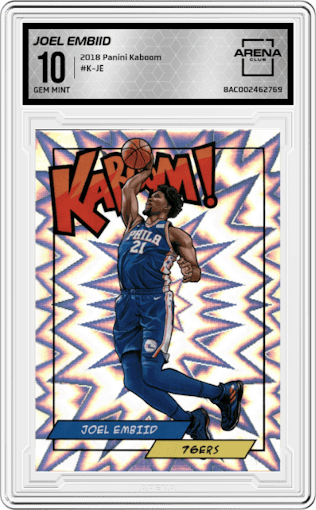 Joel Embiid from the 2018 Panini Kaboom Rewards Multi-Sport set graded by Arena Club and given an overall grade of 10.
