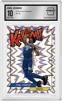 Joel Embiid from the 2018 Panini Kaboom Rewards Multi-Sport set graded by Arena Club and given an overall grade of 10.