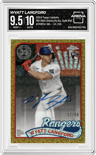 Wyatt Langford from the 2024 Topps Update set featuring a Gold Refractor parallel graded by Arena Club and given an overall grade of 9.5.