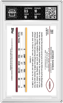 Jayden Daniels from the 2024 Topps Chrome set featuring a Aqua Sonar Refractor parallel and given an overall grade of 9.