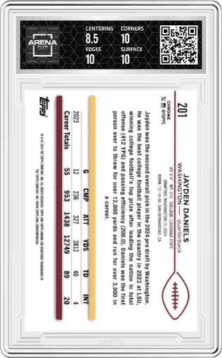 Jayden Daniels from the 2024 Topps Chrome set featuring a Aqua Sonar Refractor parallel graded by Arena Club and given an overall grade of 9.