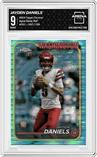 Jayden Daniels from the 2024 Topps Chrome set featuring a Aqua Sonar Refractor parallel graded by Arena Club and given an overall grade of 9.