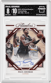 Paul George from the 2022-23 Panini Flawless set featuring a Ruby parallel graded by Arena Club and given an overall grade of 8.