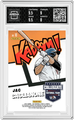 Jac Caglianone from the 2024 Panini USA Baseball Stars & Stripes set graded by Arena Club and given an overall grade of 8.5.