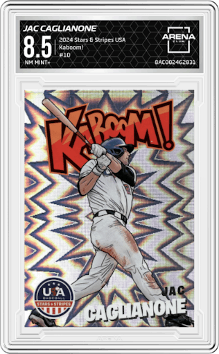 Jac Caglianone from the 2024 Panini USA Baseball Stars & Stripes set graded by Arena Club and given an overall grade of 8.5.
