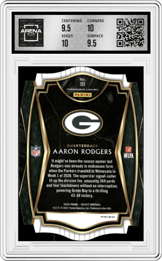 Aaron Rodgers from the 2020 Panini Select set featuring a Die-Cut Zebra parallel graded by Arena Club and given an overall grade of 10.