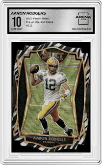 Aaron Rodgers from the 2020 Panini Select set featuring a Die-Cut Zebra parallel graded by Arena Club and given an overall grade of 10.