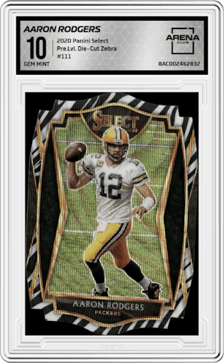 Aaron Rodgers from the 2020 Panini Select set featuring a Die-Cut Zebra parallel graded by Arena Club and given an overall grade of 10.