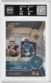 Spencer Rattler / Brian Thomas Jr. from the 2024 Panini Spectra set featuring a Neon Pink  parallel graded by Arena Club and given an overall grade of 8.5.