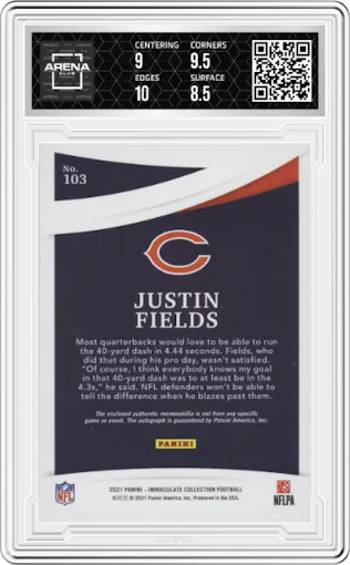 Justin Fields from the 2021 Panini Immaculate Collection set graded by Arena Club and given an overall grade of 9.