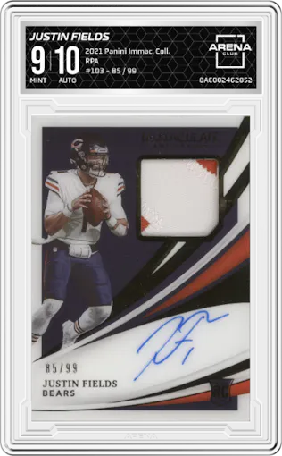 Justin Fields from the 2021 Panini Immaculate Collection set graded by Arena Club and given an overall grade of 9.