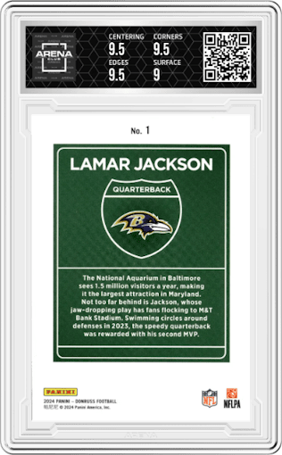 Lamar Jackson from the 2024 Donruss set graded by Arena Club and given an overall grade of 9.5.