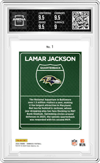 Lamar Jackson from the 2024 Donruss set graded by Arena Club and given an overall grade of 9.5.