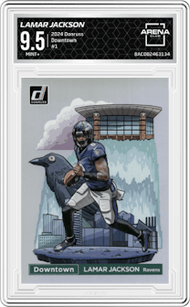 Lamar Jackson from the 2024 Donruss set graded by Arena Club and given an overall grade of 9.5.