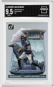 Lamar Jackson from the 2024 Donruss set graded by Arena Club and given an overall grade of 9.5.