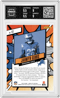 Jahmyr Gibbs from the 2023 Panini Absolute set graded by Arena Club and given an overall grade of 9.5.
