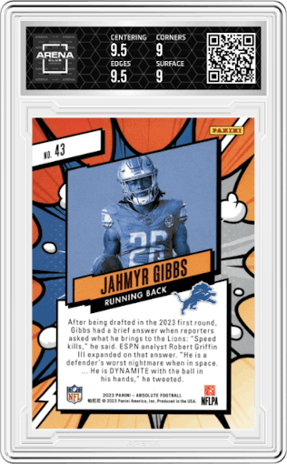 Jahmyr Gibbs from the 2023 Panini Absolute set graded by Arena Club and given an overall grade of 9.5.
